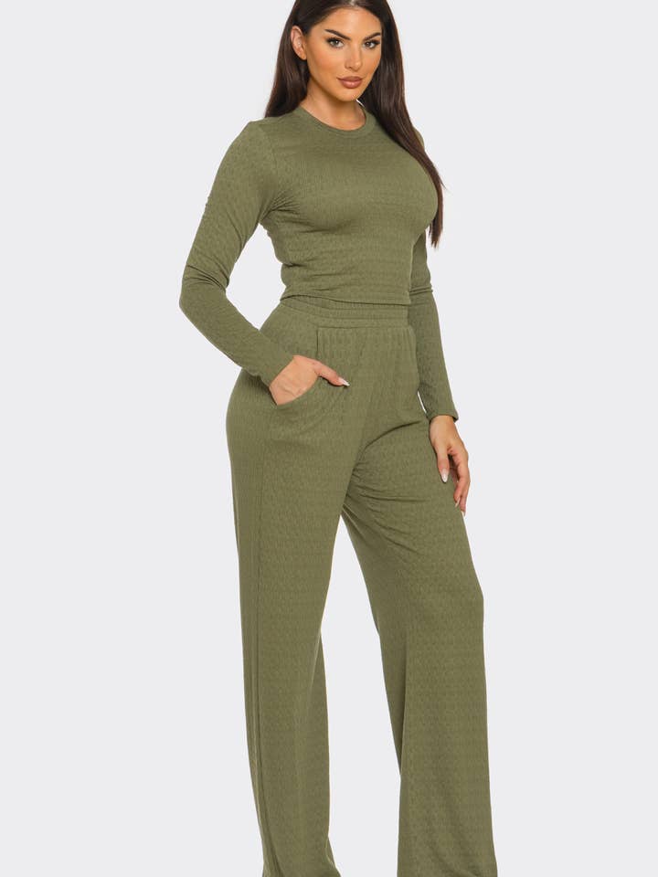 Julia by LoveJ - Wholesale Top & Pant Set (NOT Loungewear) - Women's - Texture Solid Long Sleeve Crop Top And Pants Set 7