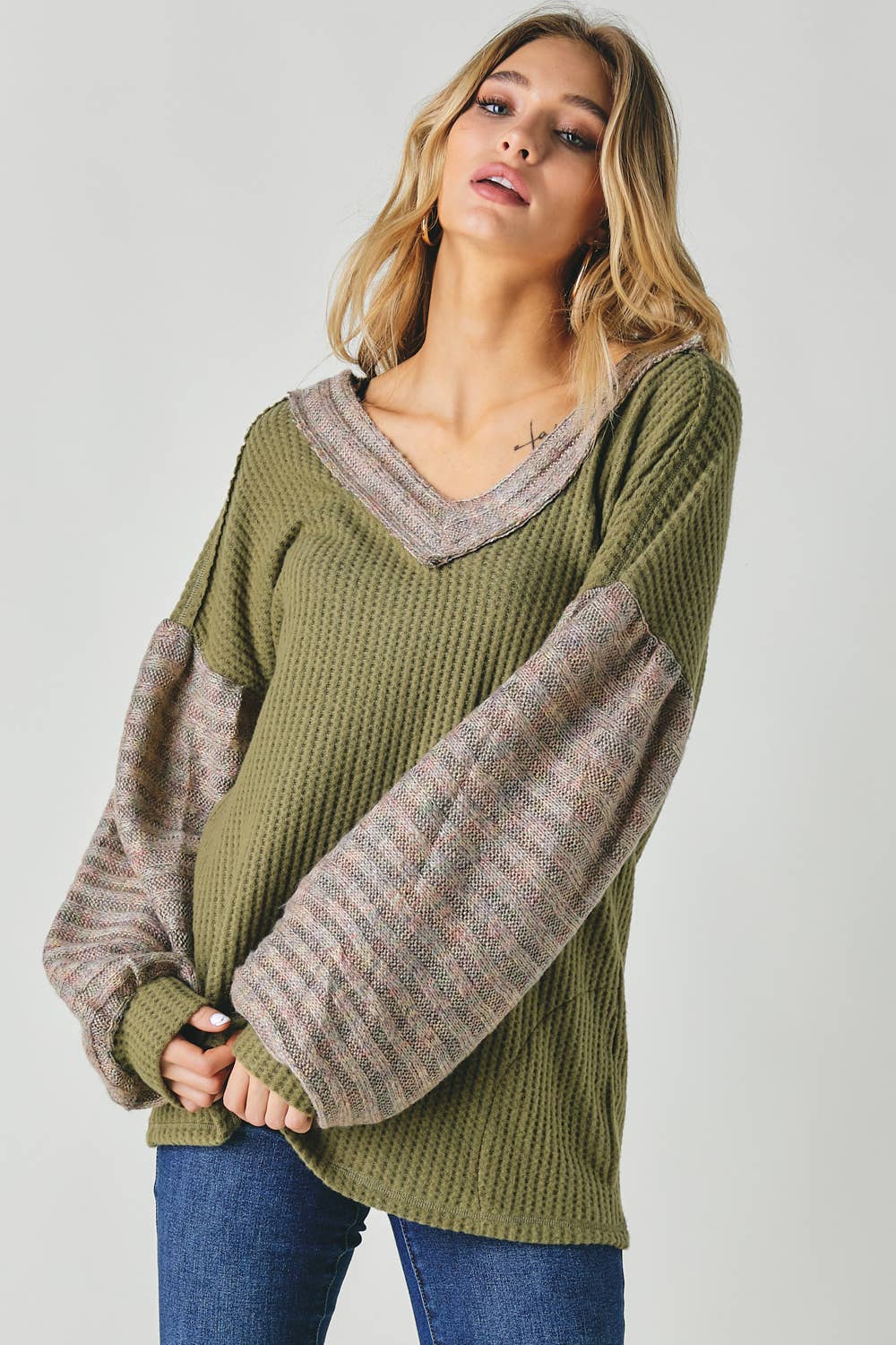 Davi & Dani - Vente Tunique – femme - PLUS LE BLOC DE COULEUR COL EN V HAUT À MANCHES LONGUES14