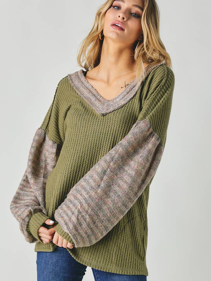 Davi & Dani - Wholesale Tunic - Women's - PLUS COLOR BLOCK V NECK LONG SLEEVE TOP14