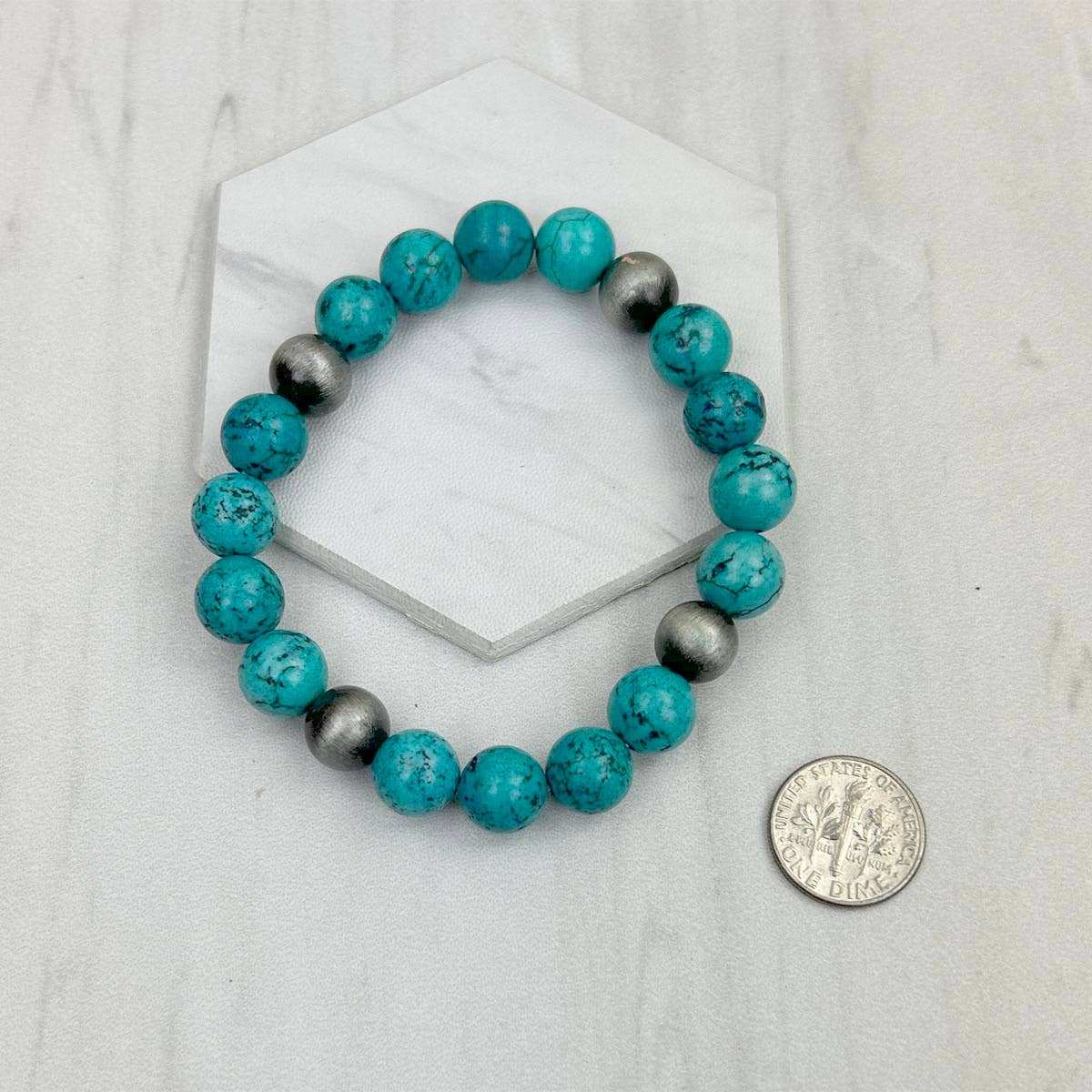 Western Elite Jewelry - Wholesale Beaded Bracelet - BRZ240708-46                   Blue turquoise stone and Silver Navajo pearl beads bracelet2