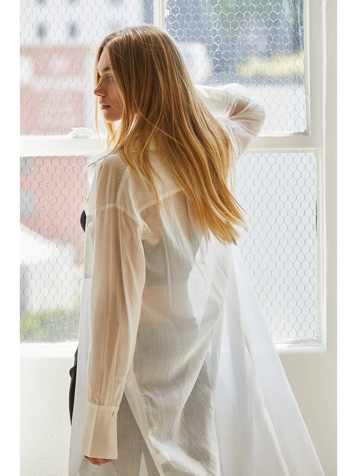 WHITE CT9422 - Tory Long Line Sheer Button Up Top for wholesale on Faire