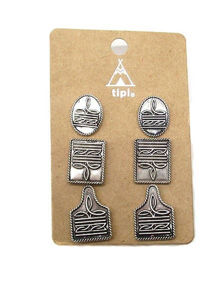 Western Boot Stitch Theme 3 Pair Set Earring for wholesale by Snowing West