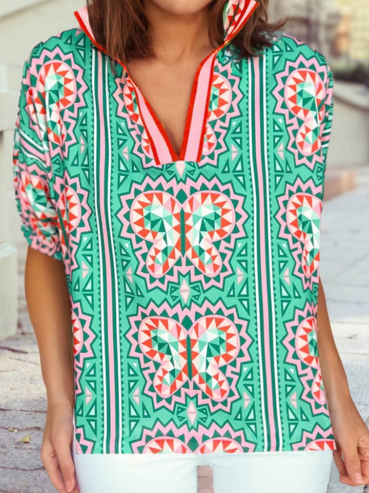 Green Boho Abstract Print Contrast Striped Collared V Neck Blouse for wholesale on Faire