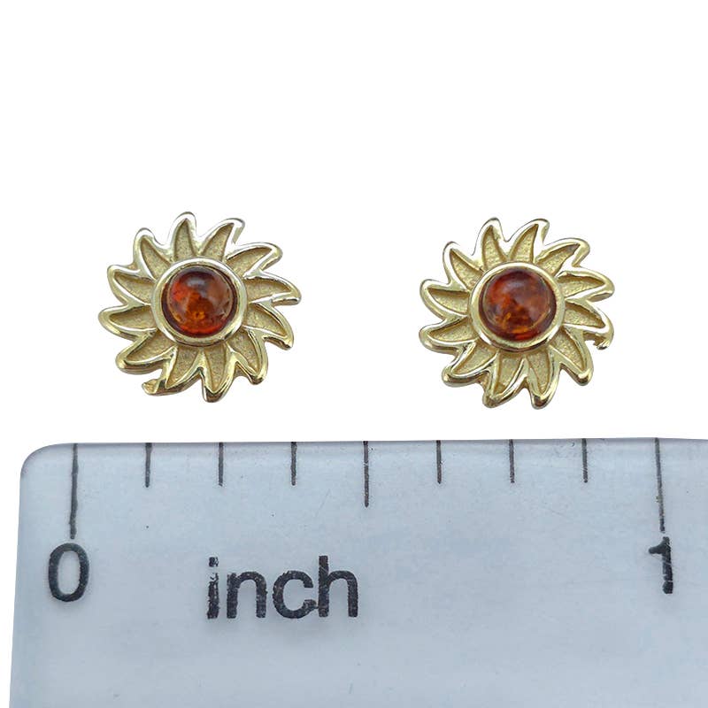 Amberman - Wholesale Stud/Post Earrings - Cognac Amber Gold Plated Silver Flower Stud Earrings2