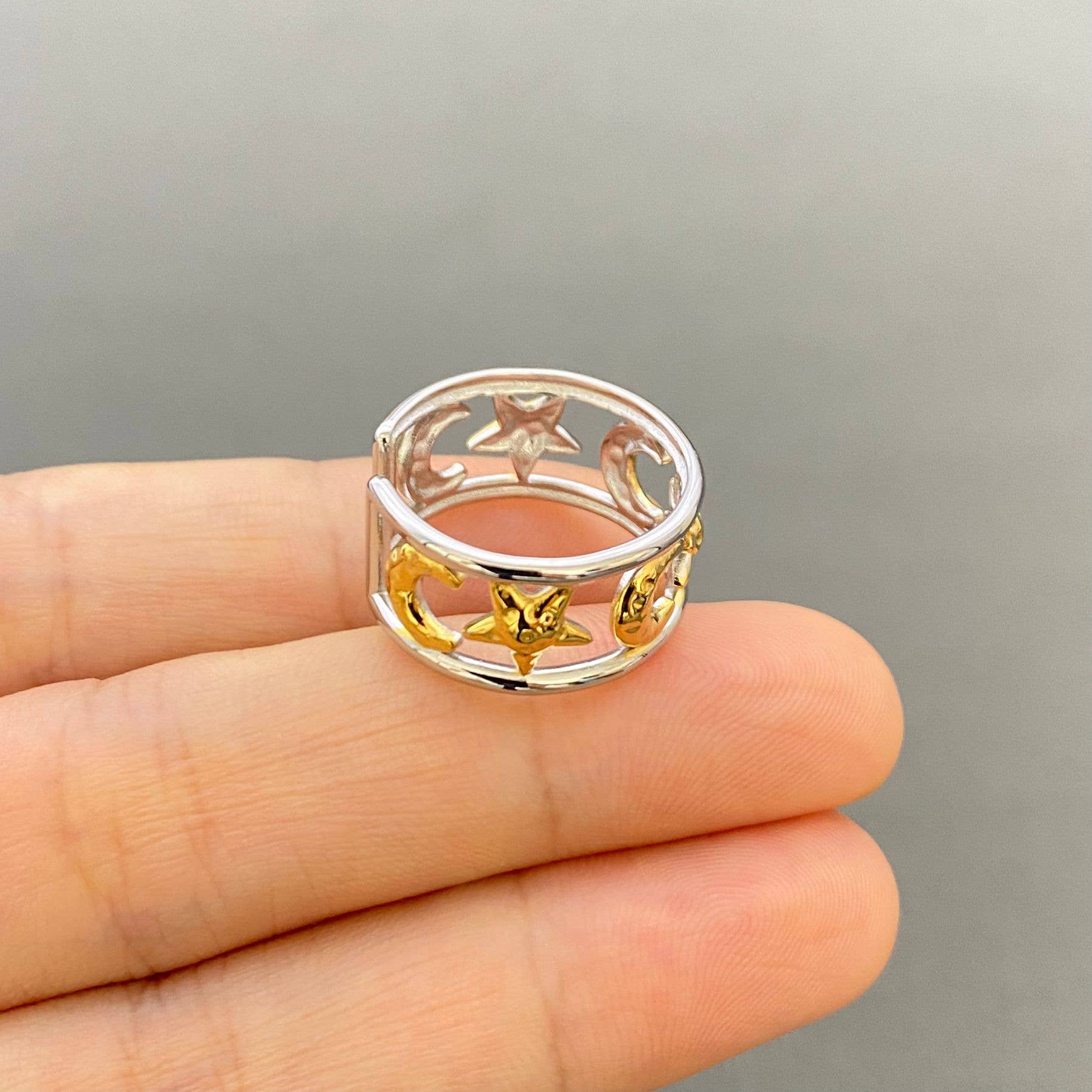 Mio Queena - Vendita all'ingrosso Anelli cocktail/statement - Anello Sole Luna Stella Bicolore 18K Oro SS - FGS/MS3