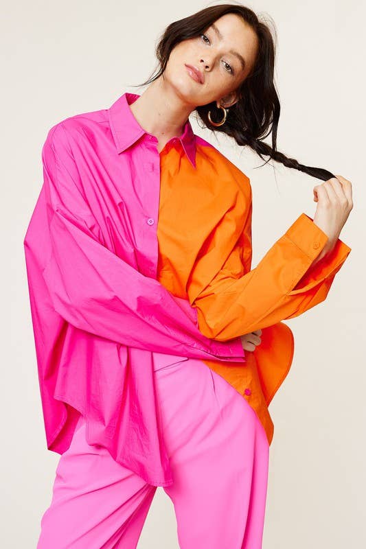 Mimosa - Wholesale Button Down Shirt - Women's - Color-Block Oversized Button Down Shirt8