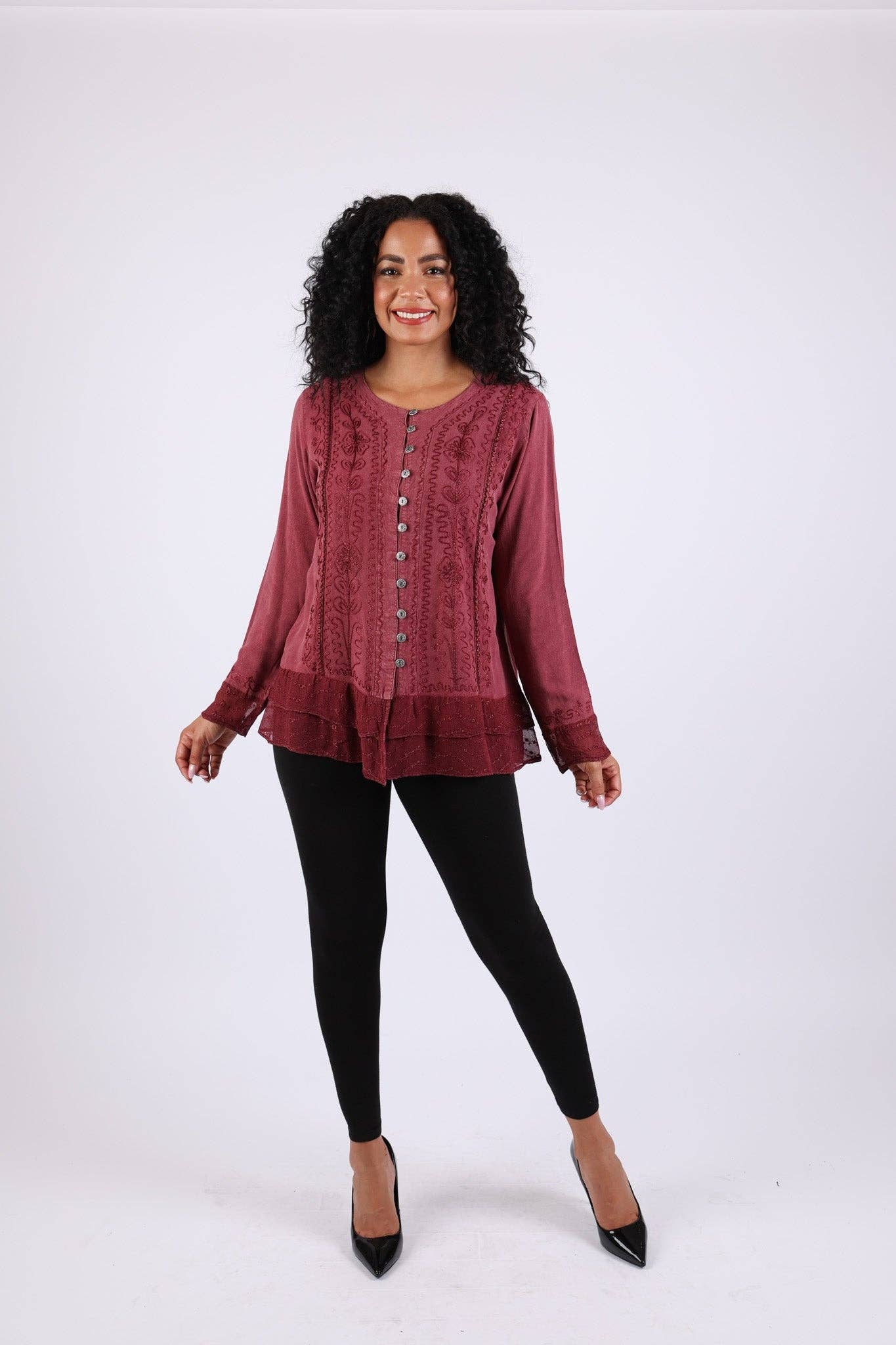 Sacred Threads - Wholesale Button Down Shirt - Women's - Vintage Fall Boho Stonewashed Top: Embroidered Shirt3