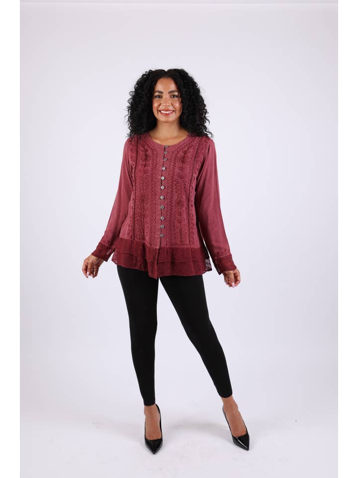 Sacred Threads - Wholesale Button Down Shirt - Women's - Vintage Fall Boho Stonewashed Top: Embroidered Shirt3