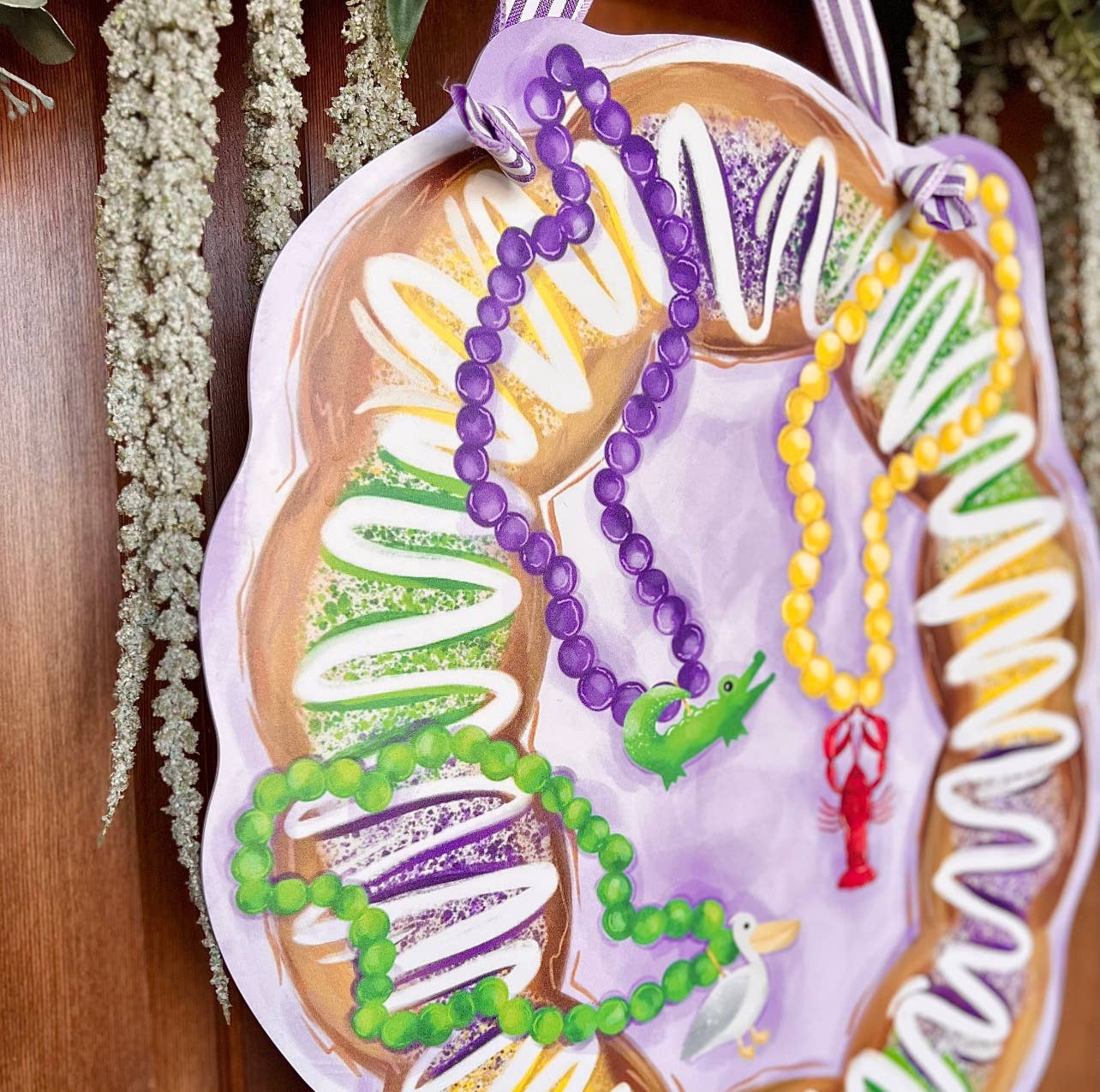 Songbird Grove Collection - Wholesale Door Hanger - Mardi Gras King Cake with Beads Door Hanger1