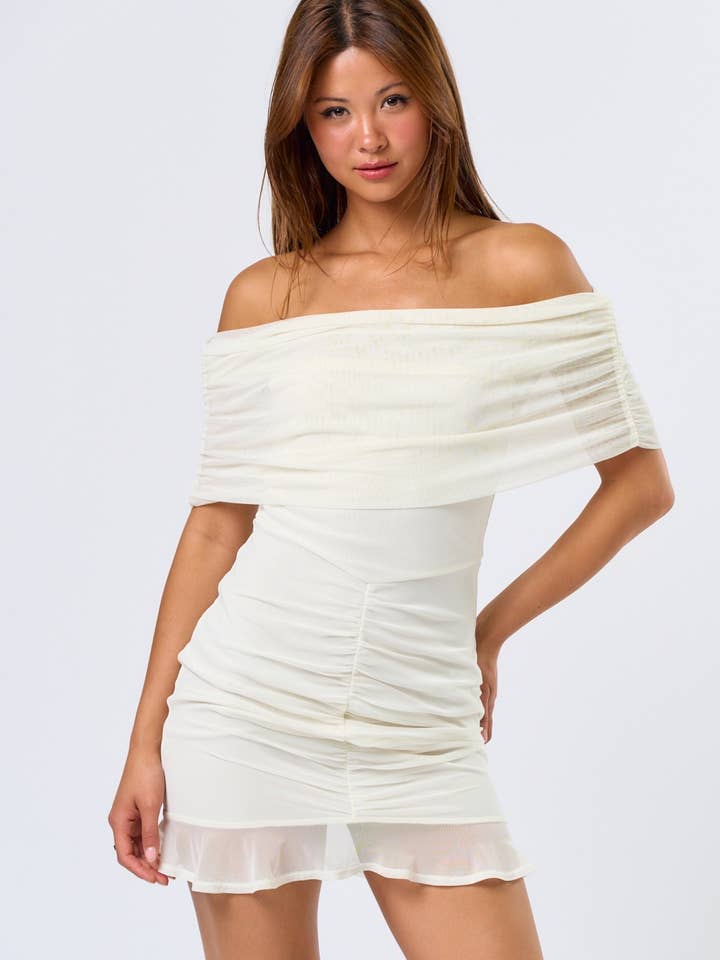 BD25644 Mesh Off Shoulder Mini Dress for wholesale by Blue Blush