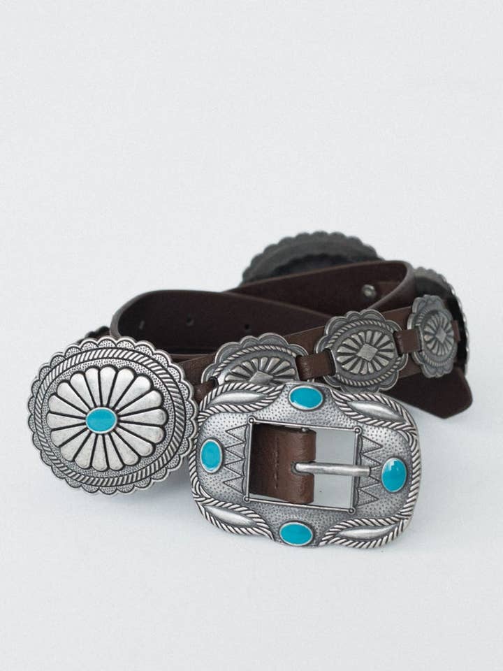 Austin Turquoise Concho Belt - Brown for wholesale by Three Bird Nest
