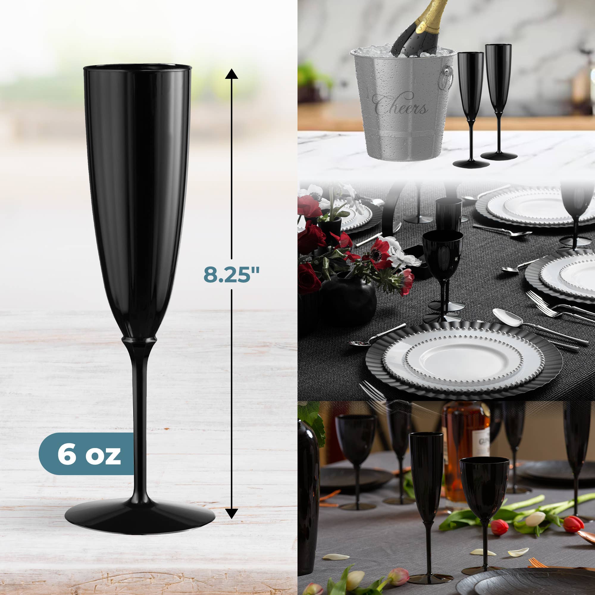 Posh Setting - Wholesale Champagne Flute - 6 Oz 1-Piece Black Plastic Champagne Flutes - 8 Pack4