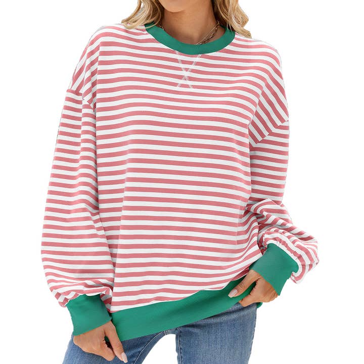 Rosa Clothing - Wholesale Sweatshirt - Women's - Classic Striped Oversized Crewneck Sweatshirt