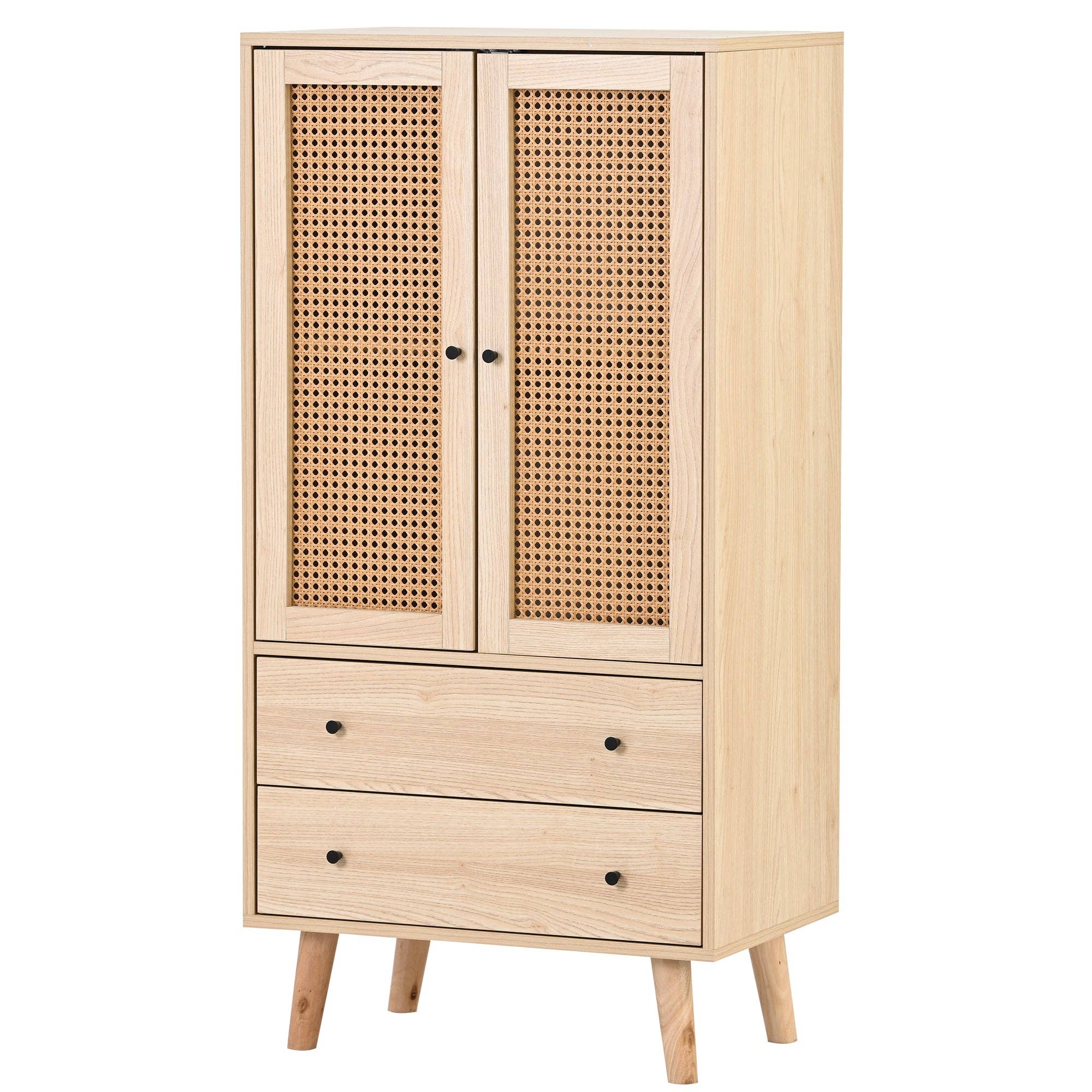 Urban Meuble - Wholesale Cabinet - Wood-effect sideboard with rattan doors and 2 drawers, solid wood legs FENMUCK14