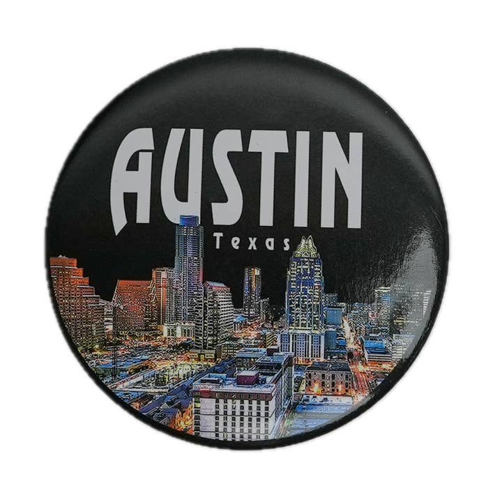 Austin Skyline Circle Magnet for wholesale by Scruffy's Ventures Inc.