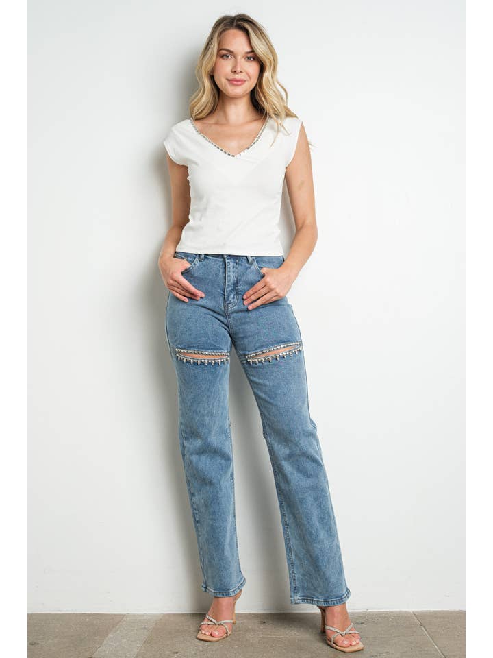 KIWI - Wholesale Jeans - Dames - KIWI spijkerbroek met hoge taille, kuitmodel en strassteen openingen11
