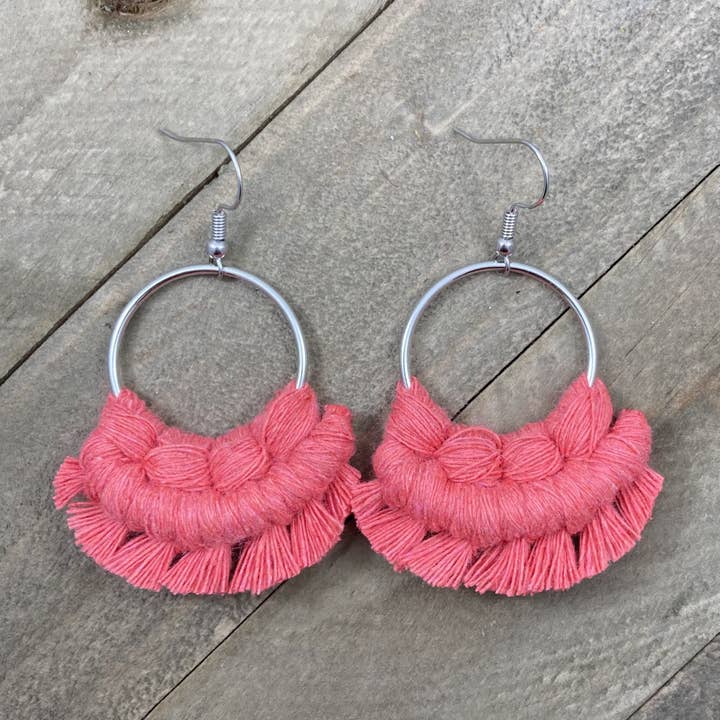 Small Fringe Earrings - Watermelon & Silver for wholesale by HK Macrame Jewelry