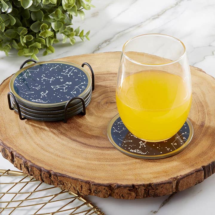 Kate Aspen – wholesale Coasters – Under the Stars Glass Coaster with Holder (Set of 6)