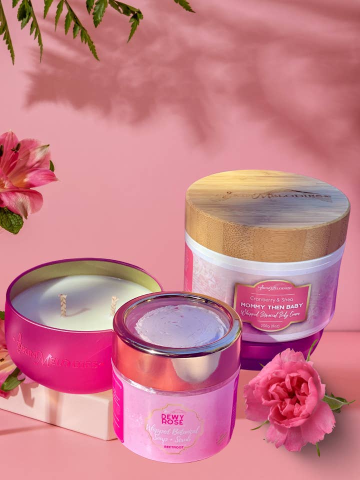 Dewy Rose Scrub, Candle & Body Butter BUNDLE for wholesale by Skin Melodie’s