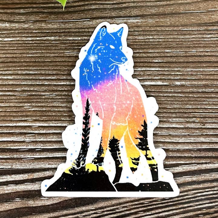 Stående Galaxy Vargsilhuett, Utskuren Vinylklistermärke, Boho Roligt, Vattentålig, Hundmamma Djurälskare, Gul och Blå | Klistermärke eller Magnet för wholesale av Handmade by Marlayna