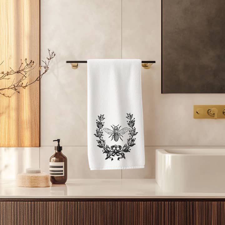 Black Bee Hand Towel, French-Inspired Towel, Elegant Home for wholesale by Fernville Creations