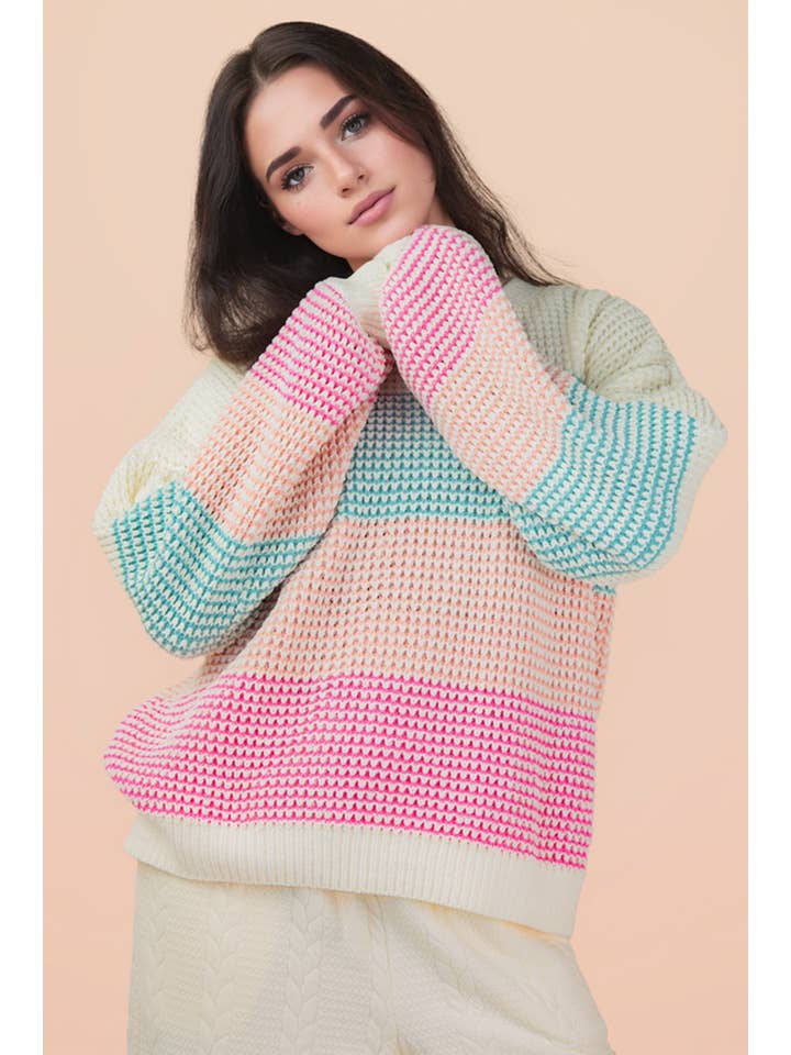 VERY J - Wholesale Knit Sweater - Women's - 12W3572N-Oversized Color Block Knit Sweater Top0
