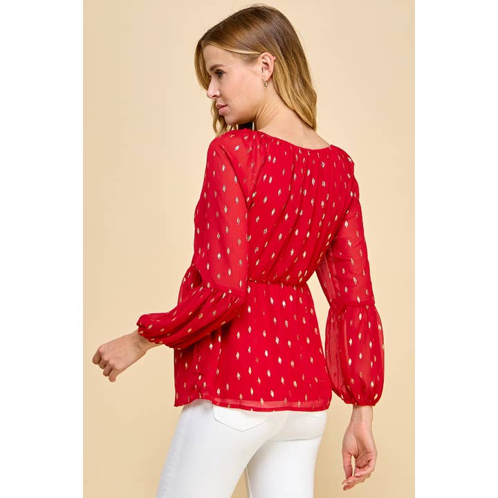 RED GOLD FOIL DOT CHIFFON LONG SLEEVE TWIST BODICE TOP T8262110F for wholesale on Faire