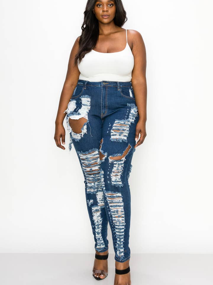 Curvy Plus Distressed Skinny Jeans 8299P for wholesale by The Map Jeans