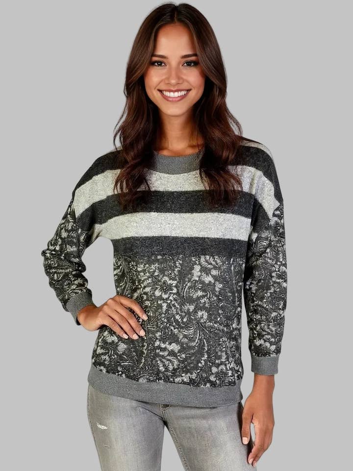 Yummy Multi Print Top - Dark Grey Stripe Flower (D90101) for wholesale by Dantelle Apparel