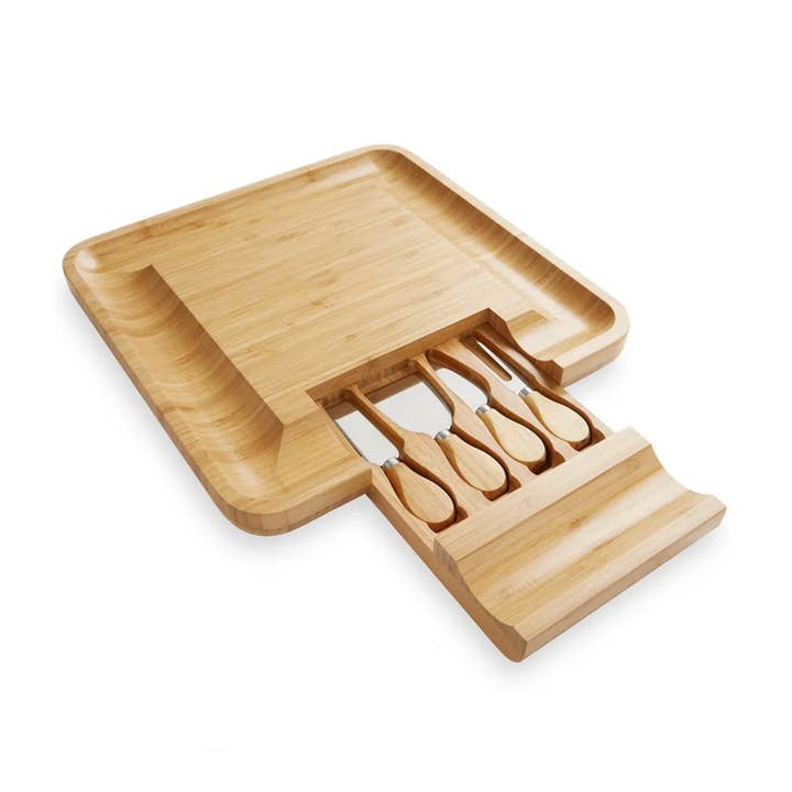 Creative Gifts International Inc. - Wholesale Cheese Board - Bamboo 13'' Square Cheese Board with 4 Cheese Knives