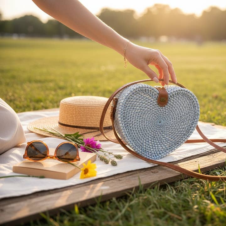 Heart-Shaped Rattan Handwoven Crossbody Bag w/ Batik lining for wholesale by Handicraft Heaven
