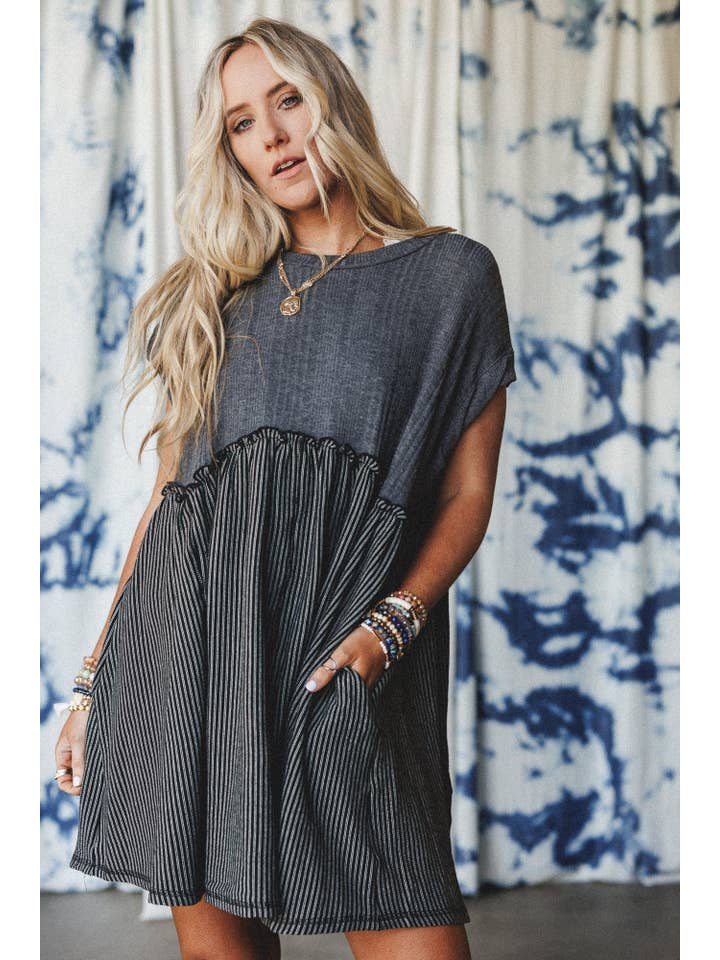 Grey No Fuss Babydoll Dress - Charcoal Black for wholesale on Faire