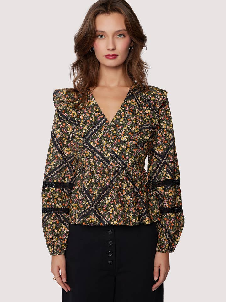 Ortensia Top - Fall Cotton Black Floral V-Neck Blouse for wholesale by Lost + Wander