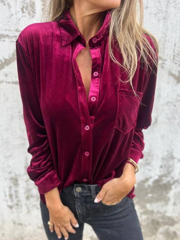 Rosa Clothing - Wholesale Button Down Shirt - Women's - Retro Single-Breasted Velvet Shirt4