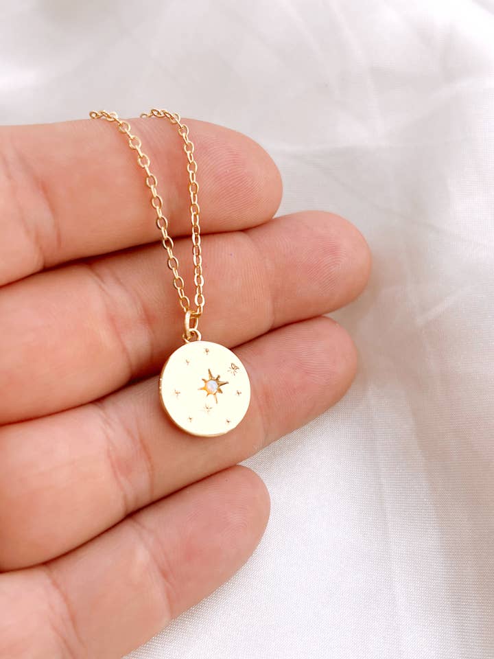 Gold Round Opal Moon + Stars Gold-Plated Pendant Necklace for wholesale by Golden Hour Designs