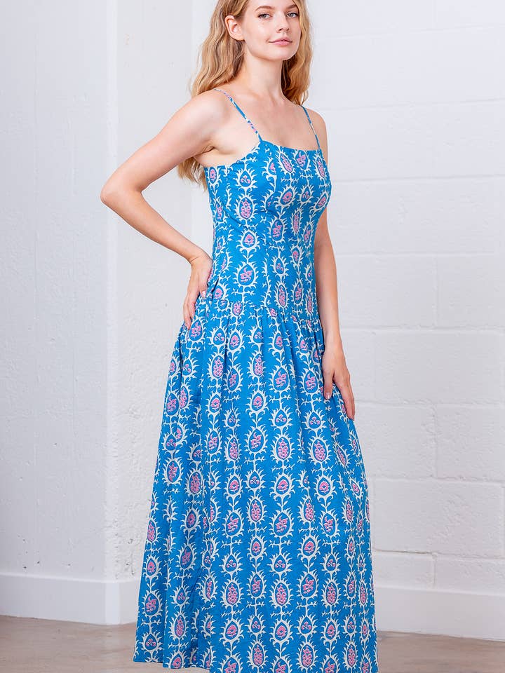 Blue SD84276T-PRINTED SLEEVELESS LONG DRESS for wholesale on Faire