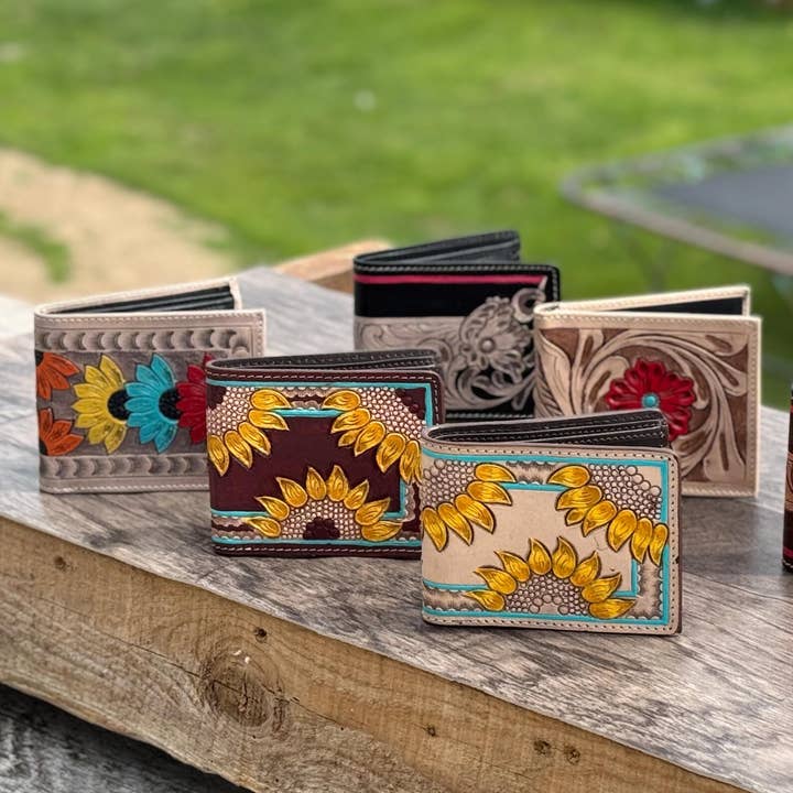 Men's Western bi-fold wallet tooled floral details by Double B Wild Rags for wholesale by Double B Wild Rags