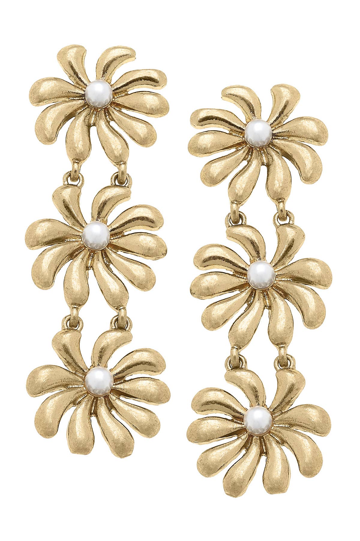 Canvas Style - Wholesale Dangle Earrings - Lulu Pearl Flower Linked Earrings in Shiny Gold0