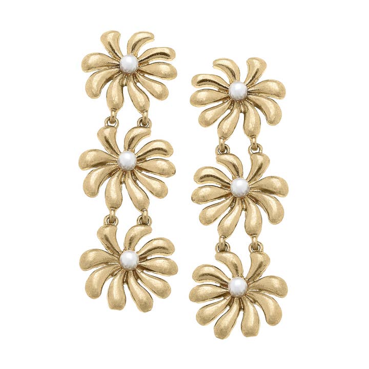 Canvas Style - Wholesale Dangle Earrings - Lulu Pearl Flower Linked Earrings in Shiny Gold