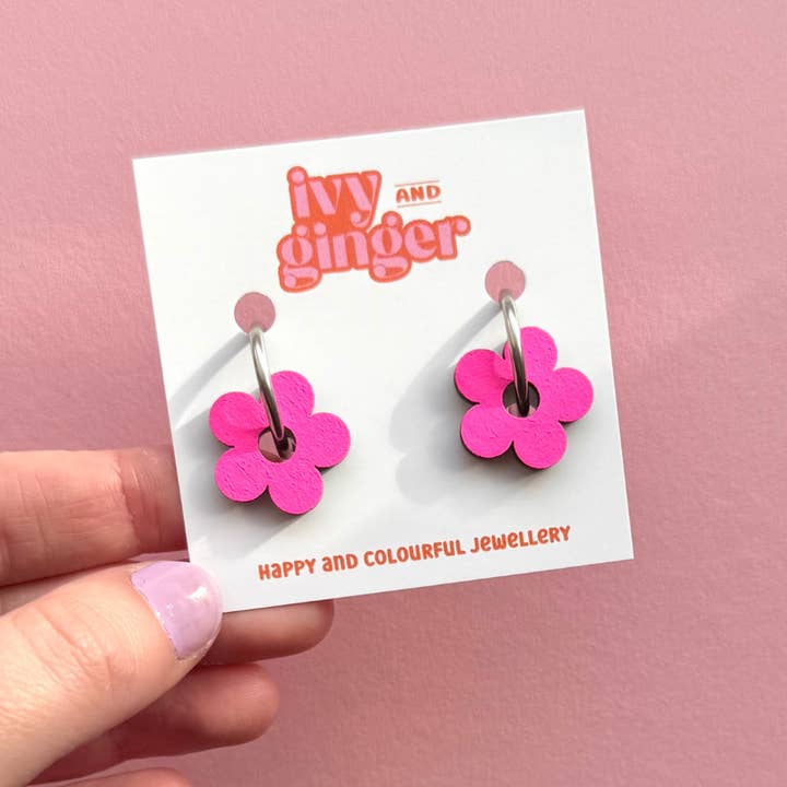 Hand Painted Neon Wooden Flower Statement Hoop Earrings for wholesale by ivy and ginger