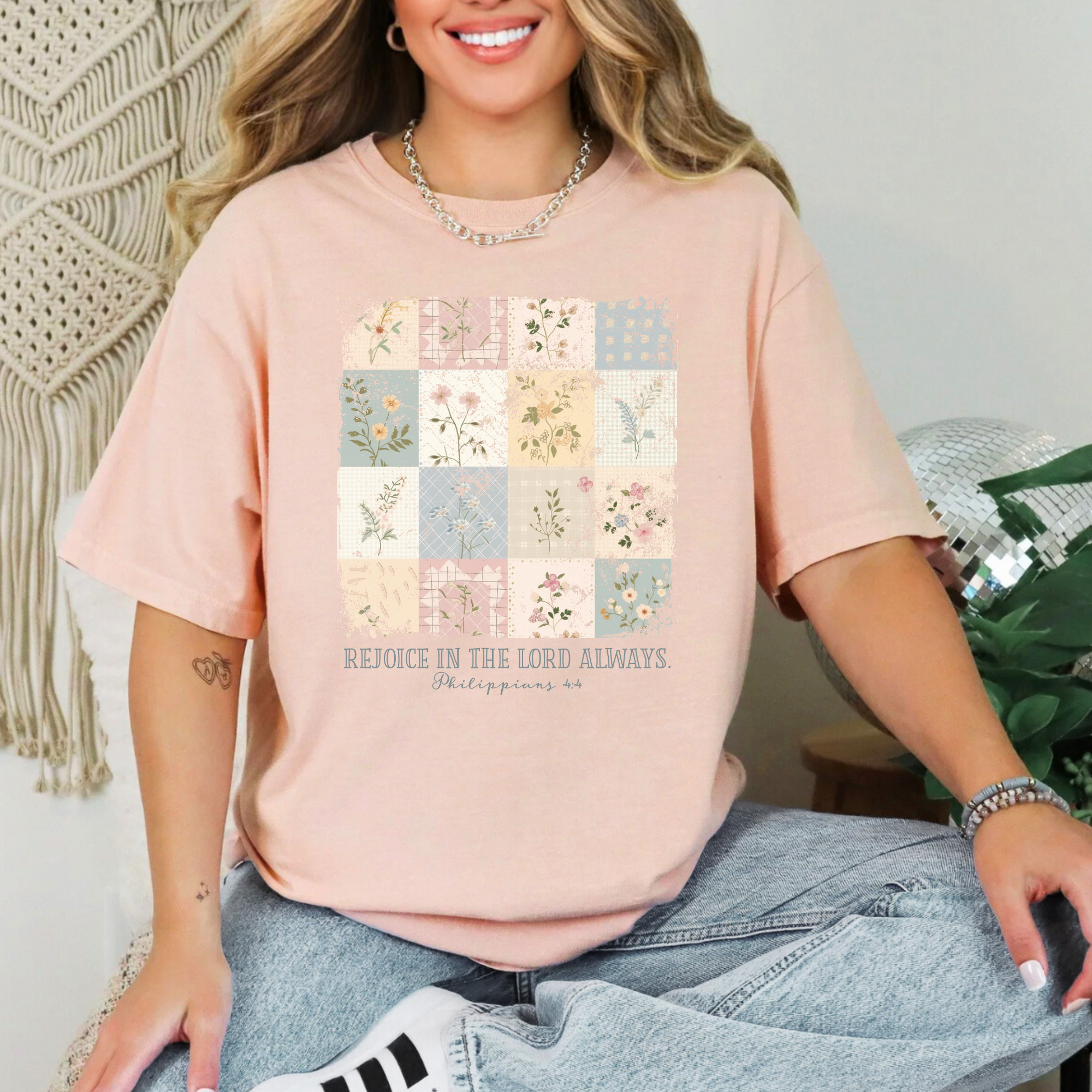 Scripted Pearl - Wholesale Screen Printed T-Shirt - Women's - Rejoice In The Lord Always Vintage Floral Comfort Colors Tee10