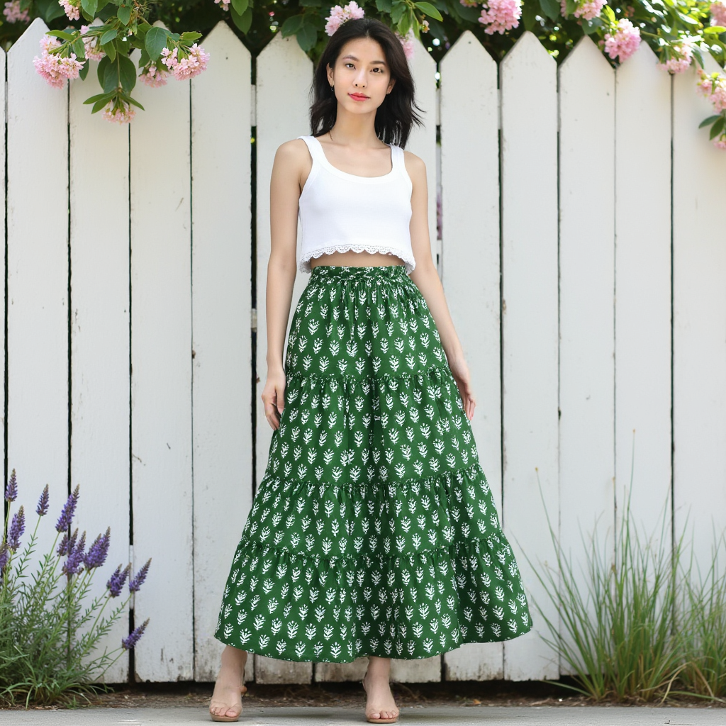 The Indian Bazaar – Engroshandel Nederdel - Dame – Lagdelt Nederdel - Boho Sigøjner Nederdel - Grøn Fred Bloktryk1