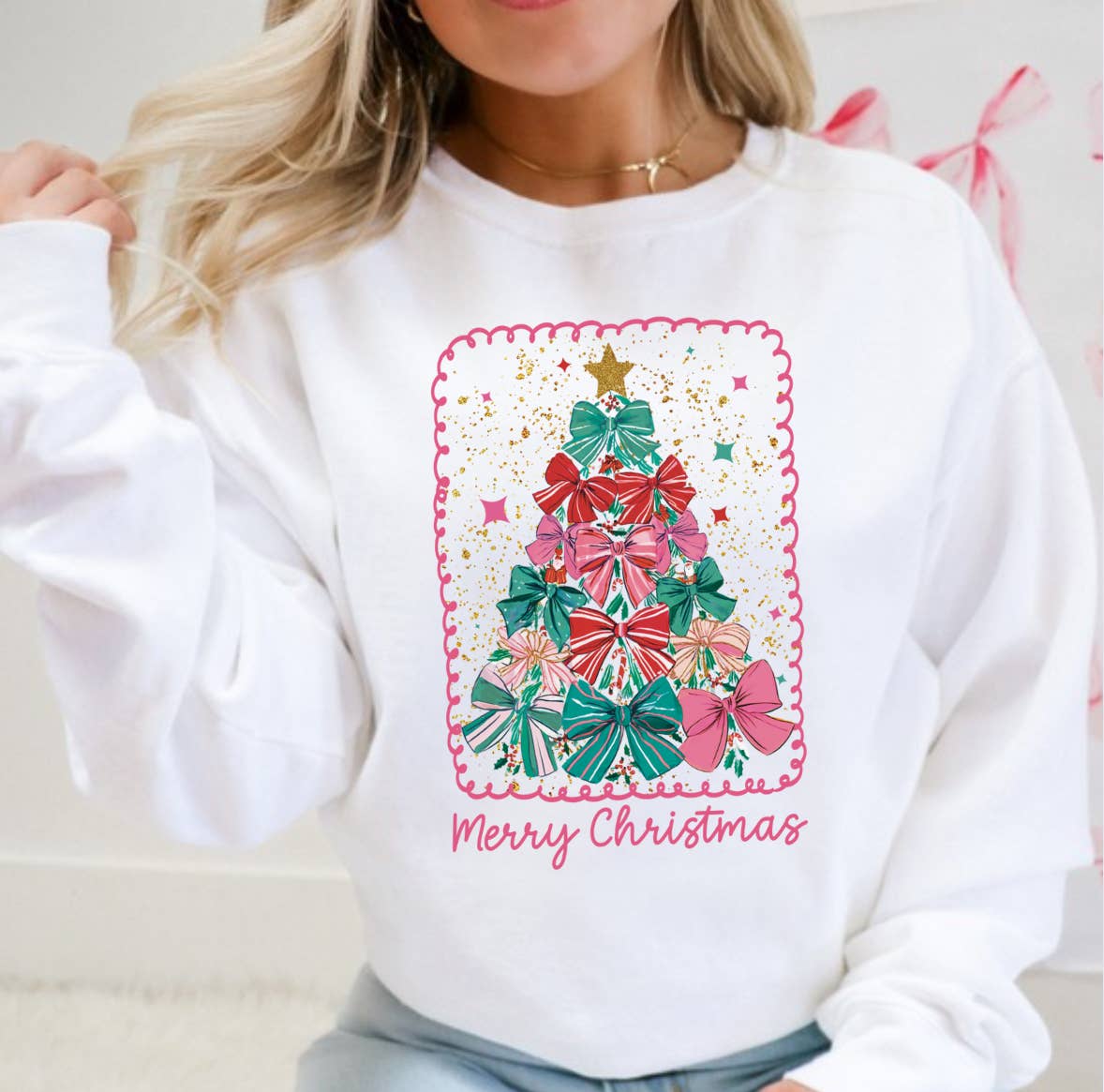 Posh Magnolia Boutique - Wholesale Graphic Sweatshirt - Women's - Merry Christmas Faux Glitter Preppy Gildan Sweatshirt 0