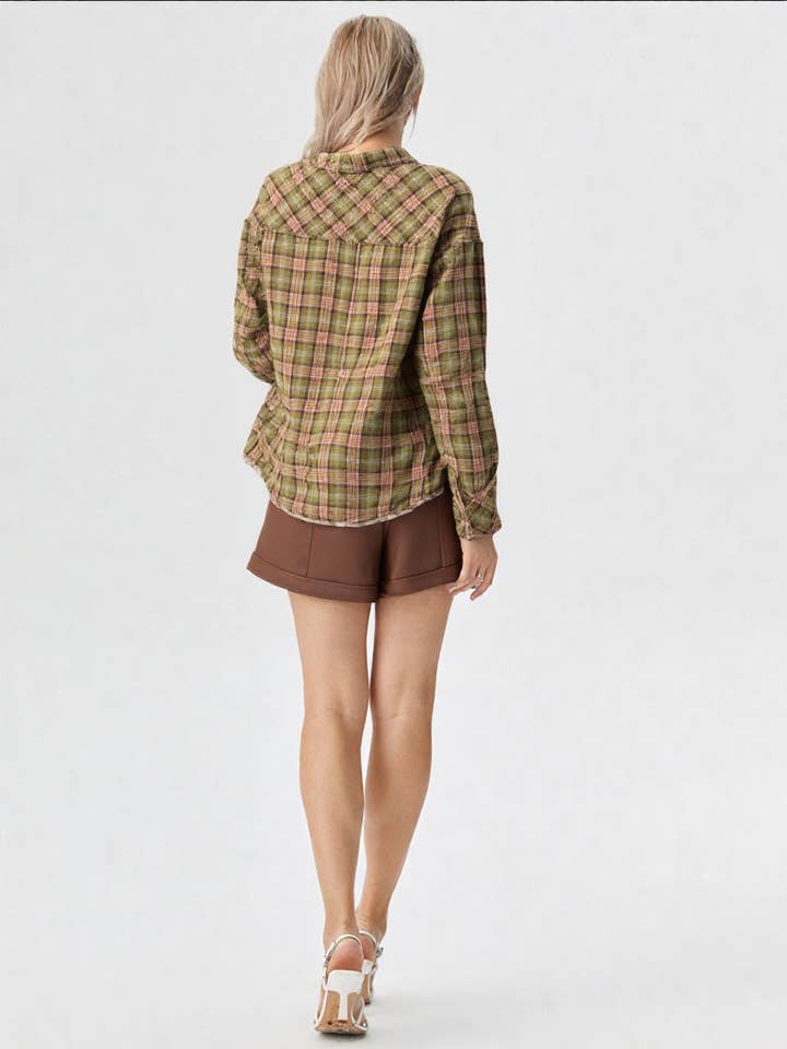 VERY J - Wholesale Button Down Shirt - Women's - NT11147-Cuff Detail Plaid Oversized Button Up Shirt