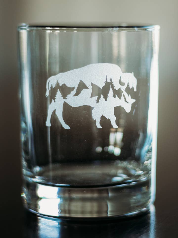 Etched Whiskey Glass, 14 oz Rocks Glass for wholesale by Lester Lou’s Designs