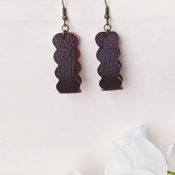 Leather Scallop Earrings, Burgundy Leather, Genuine Leather for wholesale by PJS