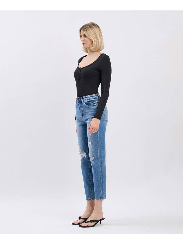 SCRATCH SUPER HIGH RISE DISTRESSED CROP MOM JEANS T5341 for wholesale on Faire