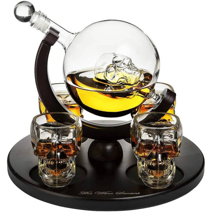 The Wine Savant /  Khen Glassware - Wholesale Decanter - Large Skull Decanter 4 Glasses - Beautiful Wooden Base - By0