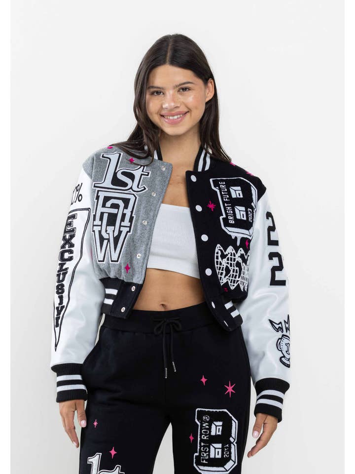 BLACK BRIGHT FUTURE CROPPED VARSITY JACKET for wholesale on Faire