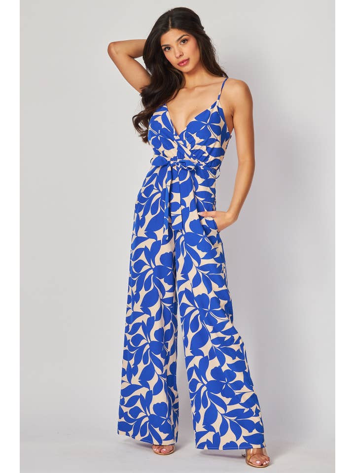 B I G H I T Fashion - Wholesale Jumpsuit - Women's - Leaf Print Jump-suit with Side Pocket HR2534-BLUE1